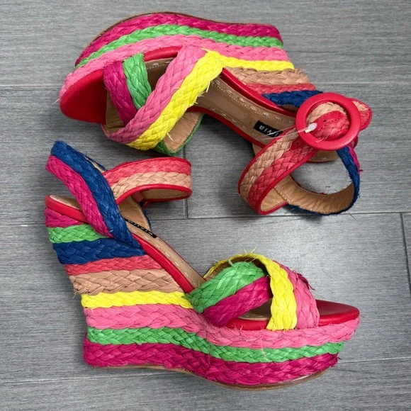 Alice + Olivia Josiey Rainbow Raffia Wedge Sandals Size 8 Colorful Platform Shoe - Picture 5 of 16